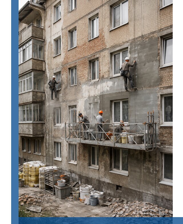 Капитальный ремонт фасада в Моршанске с восстановлением и гидроизоляцией