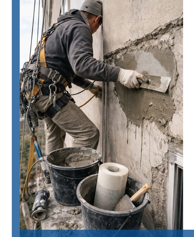 Ремонт бетонных элементов фасада промышленными альпинистами в Моршанске