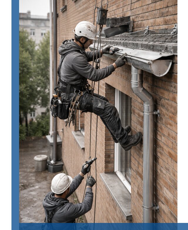 Монтаж водосточной системы на здании в Моршанске под ключ