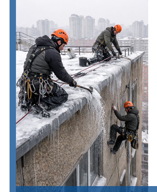 Удаление наледи с кровли в Моршанске промышленными альпинистами