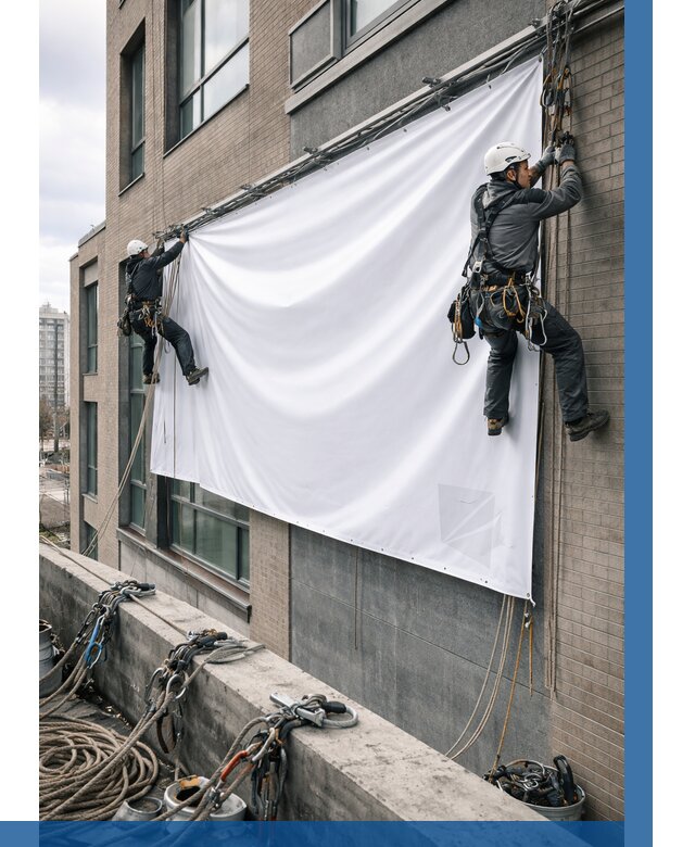 Монтаж баннеров на фасаде в Моршанске от 675 р. заказать ВЫСОТНИК-Мрш