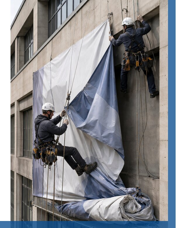 Демонтаж баннеров с фасада в Моршанске от 4673 р. | ВЫСОТНИК-Мрш