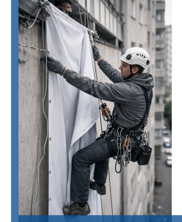 Замена баннерного полотна промышленными альпинистами в Моршанске