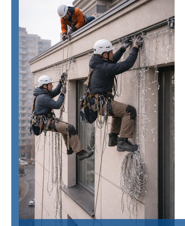 Монтаж праздничных гирлянд на фасаде в Моршанске для зданий