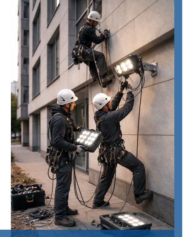 Монтаж прожекторов на фасаде в Моршанске от 7789 р. | ВЫСОТНИК-Мрш