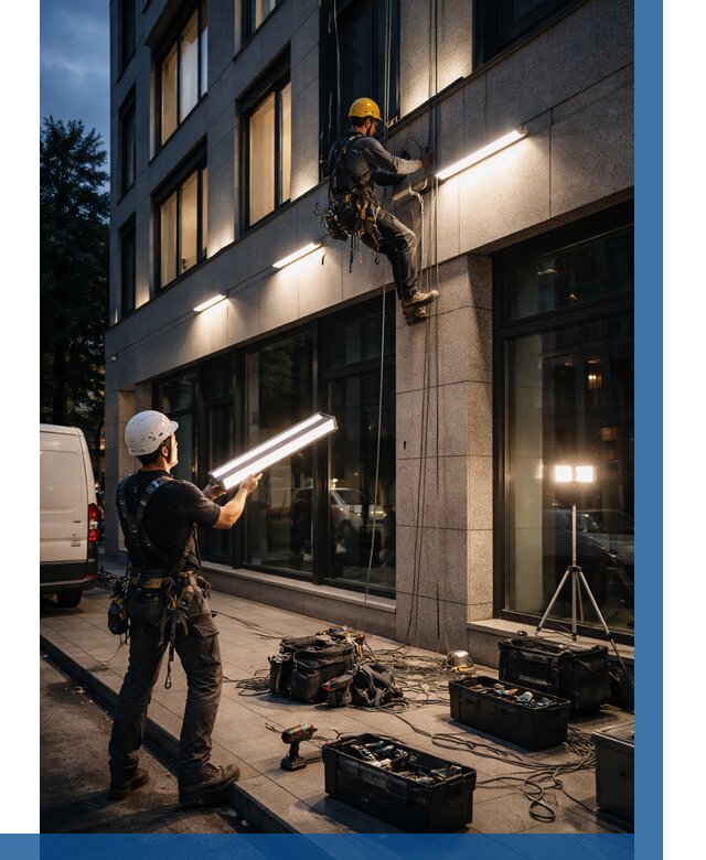 Монтаж архитектурной подсветки здания в Моршанске от 2596 р.|ВЫСОТНИК-Мрш