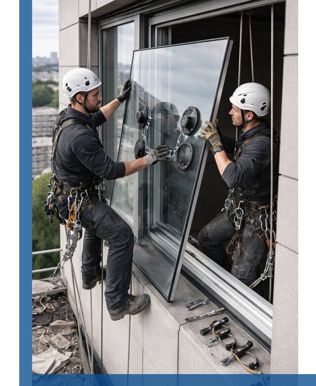 Замена стеклопакетов на высоте с промышленными альпинистами в Моршанске