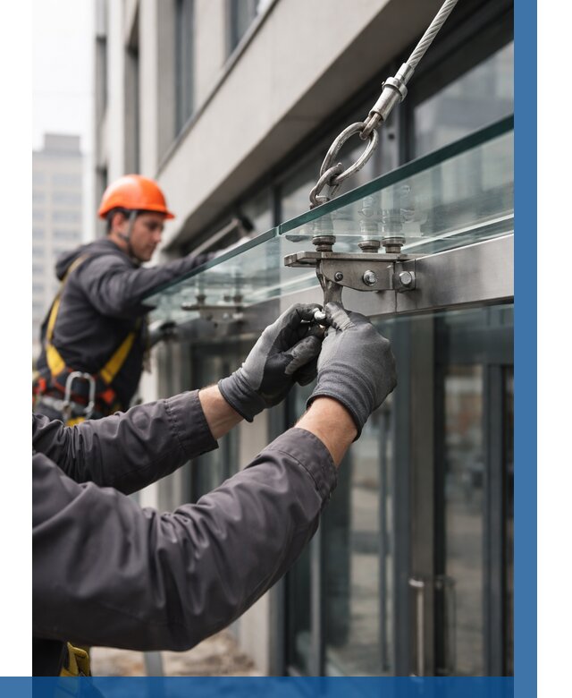 Монтаж стеклянных козырьков в Моршанске от 8827 р. | ВЫСОТНИК-Мрш