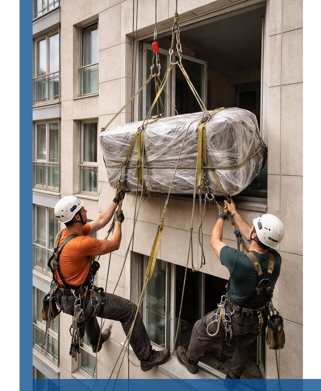 Подъем грузов через окно в Моршанске промышленными альпинистами