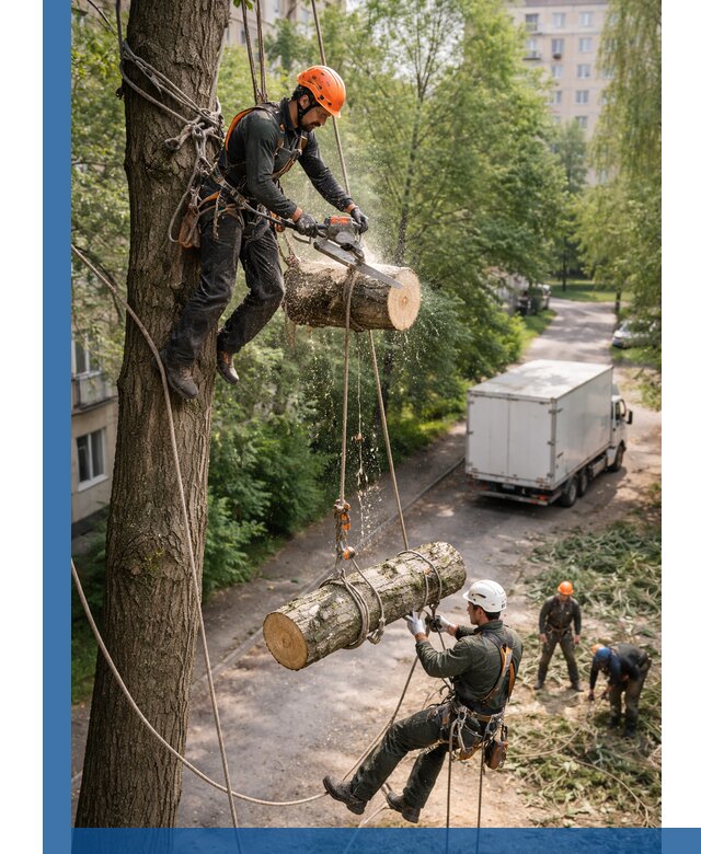 Спил деревьев альпинистами в Моршанске, безопасно и без повреждений