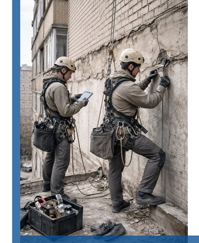 Обследование фасада промышленными альпинистами в Моршанске